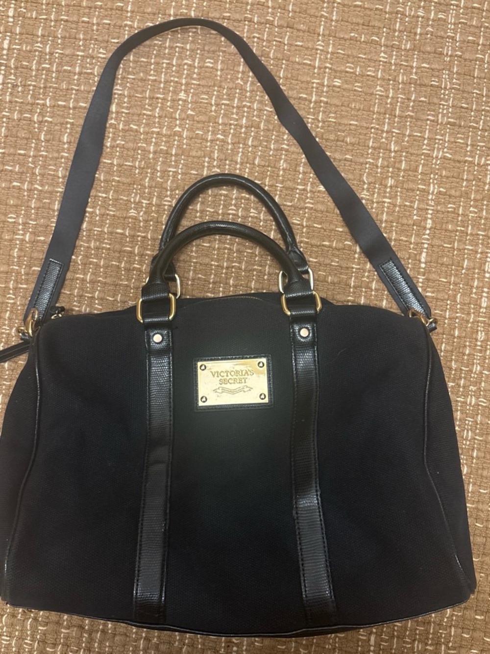 Victoria's Secret Black Canvas Duffel with Gold Plaque